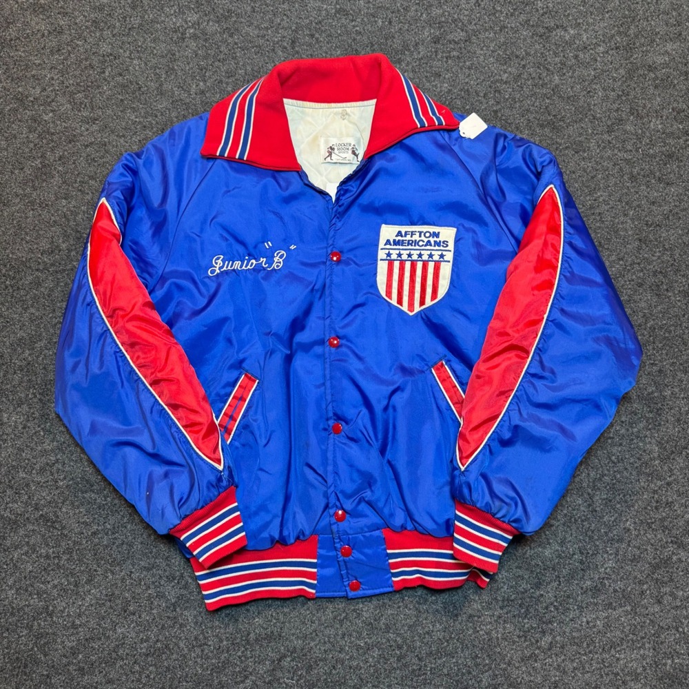 Vintage Locker Room Sports Affton Americans Satin Bomber Jacket Blue Red Large